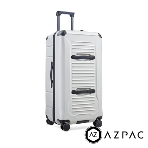 AZPAC Trucker 2.0 30吋煞車防爆旅行箱，白色硬殼材質，配有黑色拉桿、提把和四個萬向輪。箱體表面有橫向壓紋和兩個黑色提把，整體設計簡約。