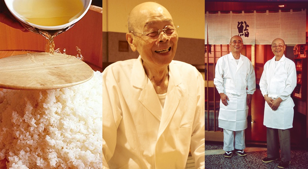 三聯圖：左側為木碗中傾倒出琥珀色液體，濺落於堆疊成山的白色米飯上，並有木製飯勺；中間為一位戴眼鏡、身穿白色和服的老人，面帶笑容；右側為兩位身穿白色和服、戴著白色圍裙的兩位老人，站在懸掛著日文布簾的店門前。