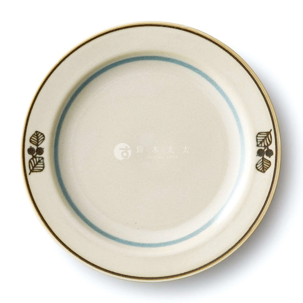 奶油色美濃燒甜點盤，邊緣有棕色線條，盤面飾有藍色條紋及兩側對稱的棕色葉子圖案。