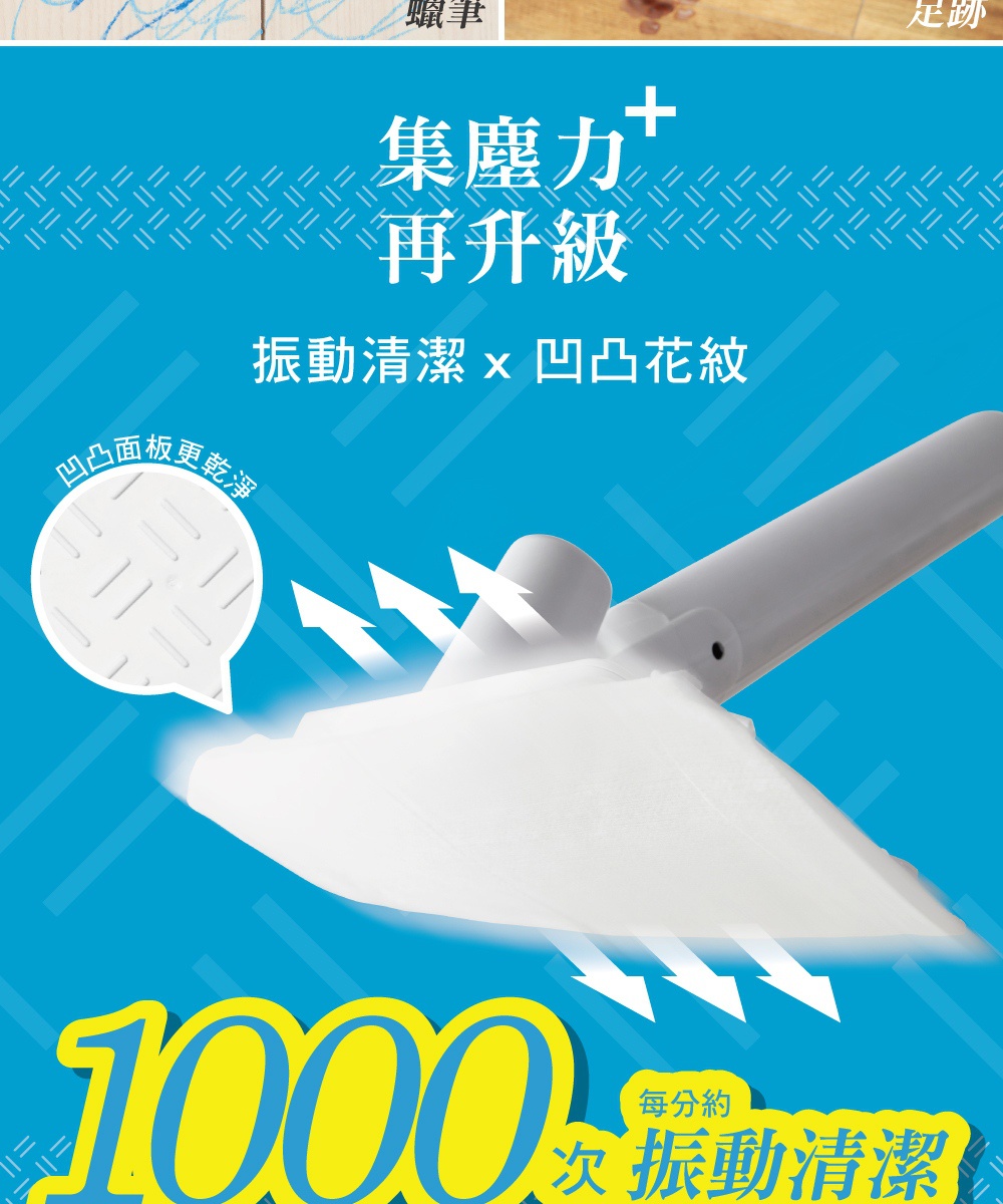 白色電動平板拖把SWD-A，特寫其扇形白色清潔頭，帶有白色箭頭表示震動清潔效果，左側有凸起紋路的圓形清潔墊特寫。