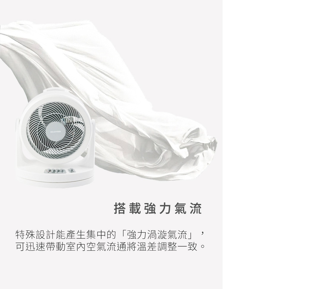 白色圓形空氣循環扇，帶有黑色扇葉和控制面板，周圍環繞著飄動的白色布料。