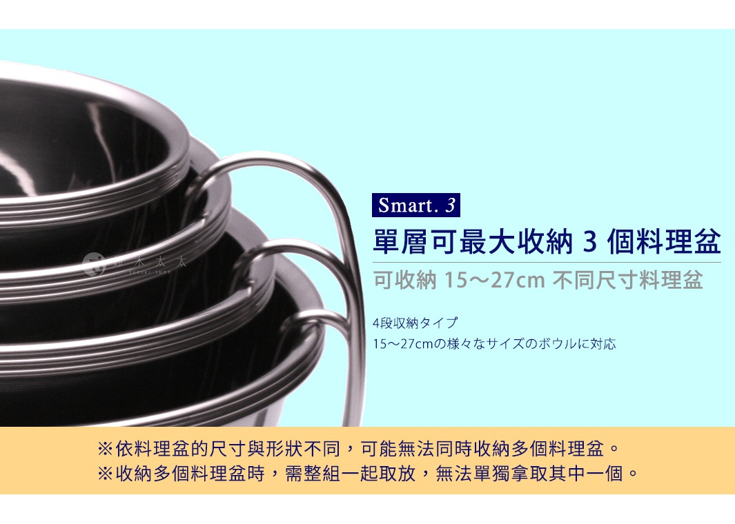 圖片文字：Smart 3 單層可最大收納 3 個料理盆 可收納 15至27cm不同尺寸料理盆 4段収納タイプ 15至27cmの様々なサイズのボウルに対応 依料理盆的尺寸與形狀不同，可能無法同時收納多個料理盆 收納多個料理盆時，需整組一起取放，無法單獨拿取其中一個