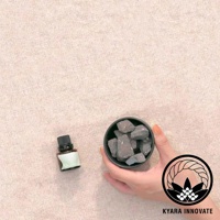 KYARA INNOVATE 品牌下，一個小瓶裝精油旁，手持一個裝有灰色擴香石的黑色小碗。