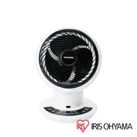 白色IRIS OHYAMA空氣循環扇，黑色扇葉，圓形設計，帶有控制面板和品牌標誌。