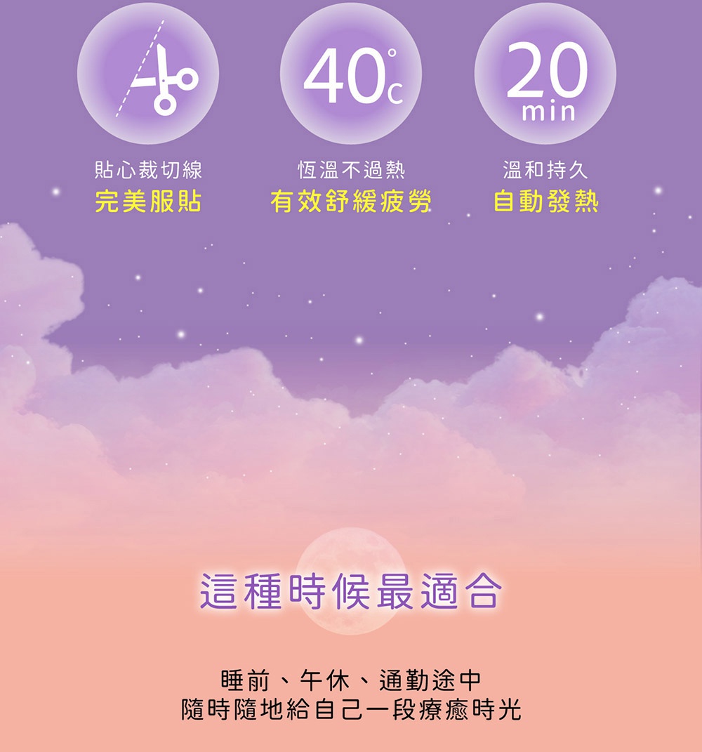 這是一張宣傳蒸氣眼罩產品特色的圖文，頂部以三個圓形圖示列出產品優點，分別為貼心裁切線以達到完美服貼、恆溫40度舒緩疲勞，以及持續20分鐘的溫和發熱，背景為粉紫色漸層的雲朵與星空，底部文字說明產品適合於睡前、午休或通勤時使用，提供隨時放鬆的療癒時光。