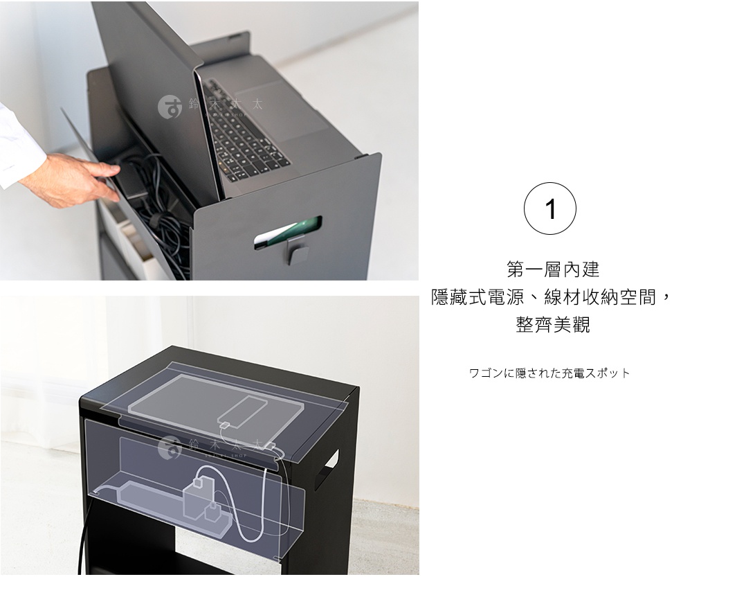 深灰色鋼製收納推車，配有可開合的頂蓋，內有筆記型電腦和充電線。下方抽屜式設計，展示了隱藏式電源和線材收納空間。