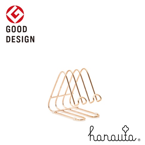 玫瑰金色不鏽鋼萬用支架，由金屬線條構成，呈現簡約的三角立體造型，可放置多個物品，底部有白色止滑墊。