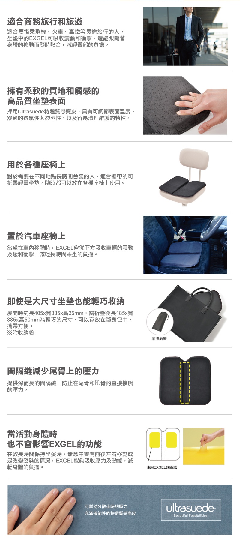 深灰色可折疊坐墊，採用 Ultrasuede 特選麂皮材質，表面有細孔設計，中間有隔縫，可收納於黑色束口袋中。