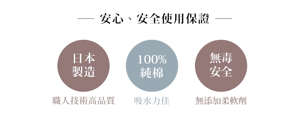 日本製造，100%純棉，無毒安全，工人技術高品質，吸水力佳，無添加柔軟劑。