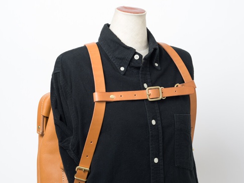 寬3公分的棕色皮革胸前扣帶，搭配黃銅色金屬扣環，固定在黑色襯衫的背包肩帶上，整體風格簡潔實用。