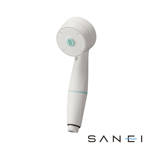 MIGAMI 兩段式水流專髮按摩蓮蓬頭，白色圓形噴頭，中央有淺藍色圓形出水孔，搭配白色手柄，手柄上有淺藍色裝飾環，底部為螺紋接口。