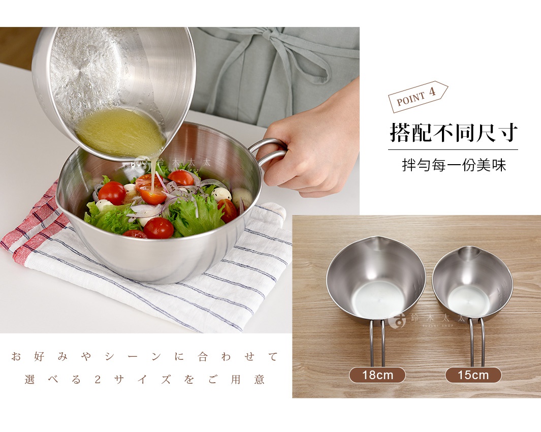 從上方左圖看，一個人正在將液體倒入一個裝有沙拉的不鏽鋼調理碗中，沙拉中包含生菜、小番茄、洋蔥和莫札瑞拉起司球；右圖則並列兩個不同尺寸的不鏽鋼調理碗，分別標示著18公分和15公分。