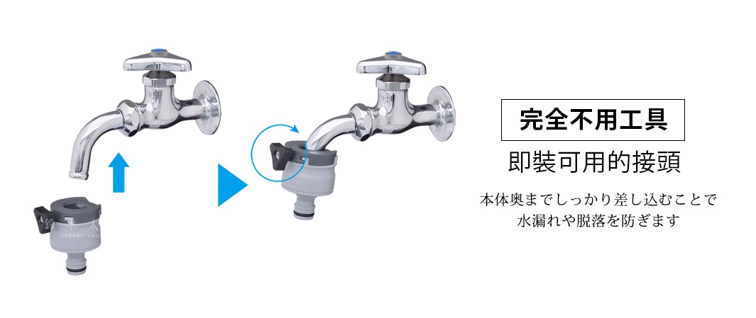 簡潔的灰色和白色塑膠水龍頭接頭，附有黑色旋鈕，可連接到銀色金屬水龍頭。