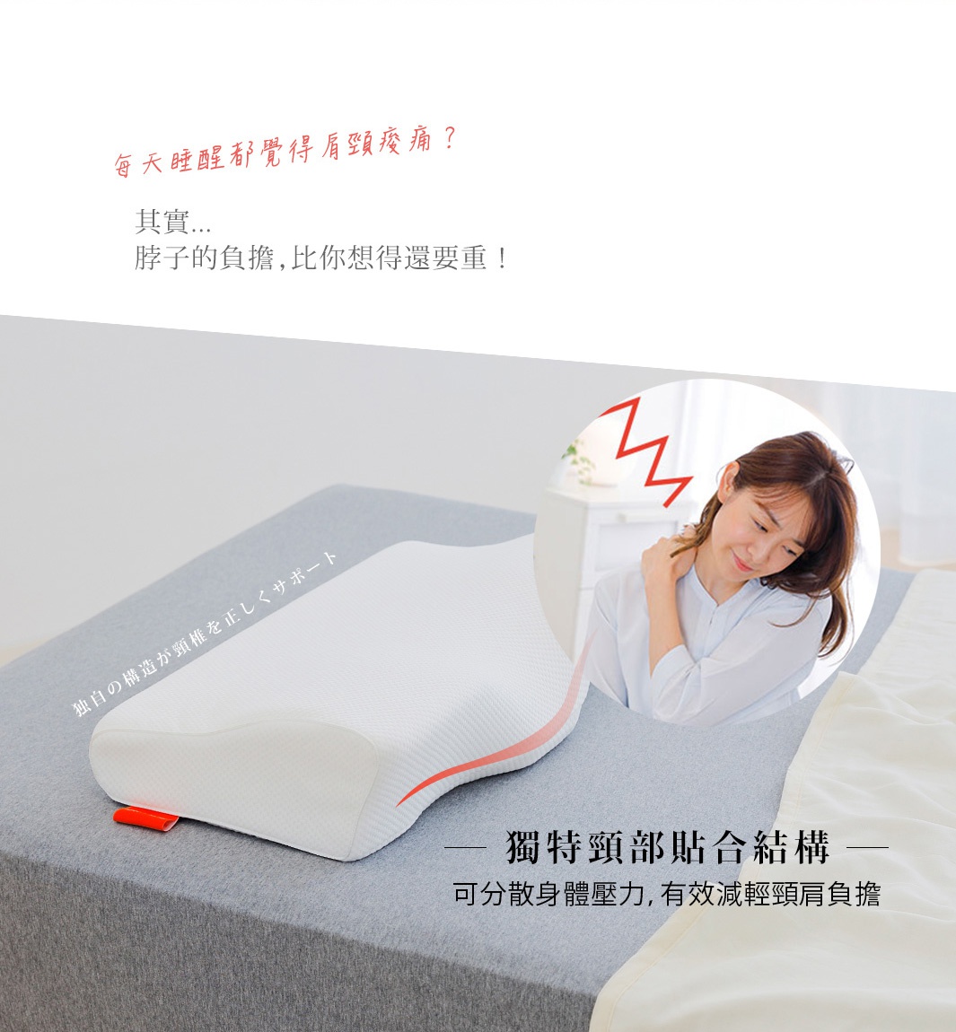 白色護頸止鼾枕，表面織紋細緻，枕身呈現人體工學曲線，一側有紅色標籤。背景為灰色床墊，右側有女性按摩頸部的圓形局部圖。