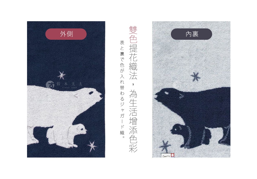 深藍色毛巾外側繡有白色北極熊母子與星星圖案，內側為淺灰色，繡有深藍色北極熊母子與星星圖案，材質為柔軟的毛巾布。