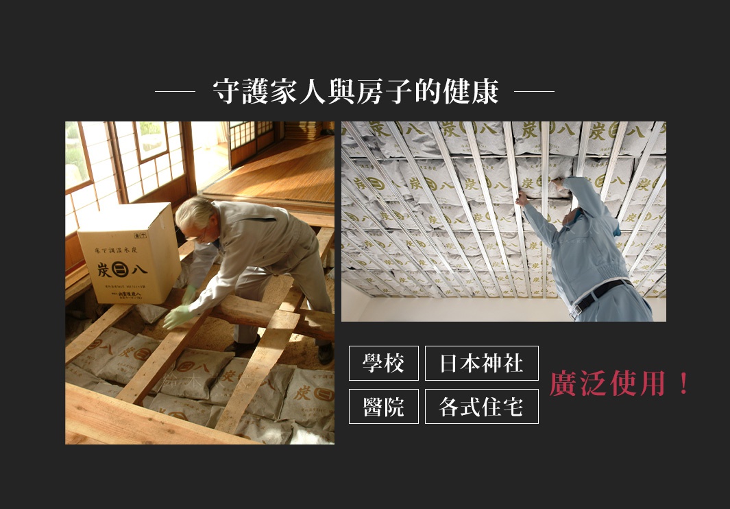 展示安裝室內調濕木炭的兩張照片：左圖為一人在木製地板下放置灰色布包的木炭；右圖為一人在天花板安裝同樣的木炭包。