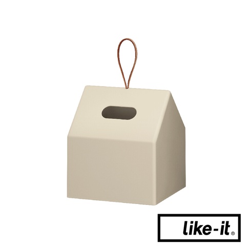 淺米色小屋形衛生紙盒，頂部有開口，並附有棕色皮革提帶。