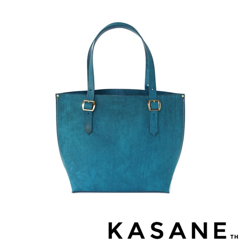 北海道KASANE職人手作義大利Margot皮革托特包，藍綠色，配有金色扣環和提把