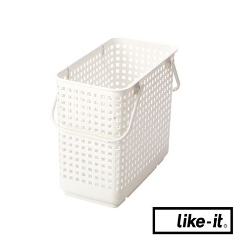 兩個白色塑膠夾縫疊疊洗衣提籃，皆有網格狀孔洞設計和提把。