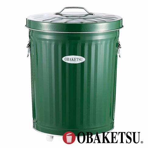 OBAKETSU 品牌綠色附輪垃圾桶，帶有銀色金屬蓋子和提把