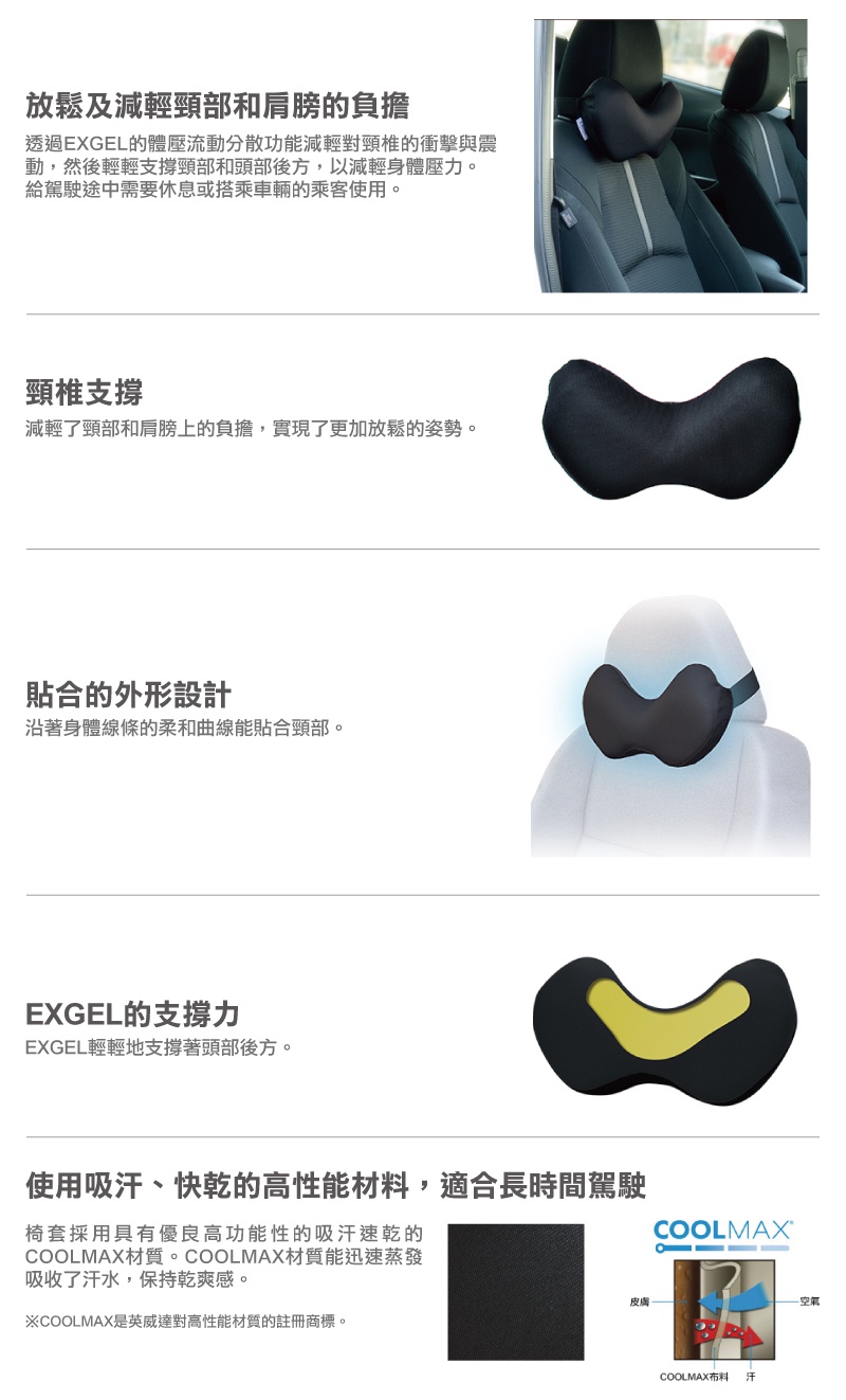 黑色汽車用頸墊，採用EXGEL材質，具備人體工學設計，能有效支撐頸部和頭部，減輕壓力，適合長途駕駛。