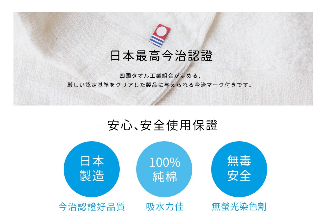 白色紗布浴巾材質，帶有日本今治認證標誌。下方有三個藍色圓形圖示，分別標示「日本製造」、「100%純棉」及「無毒安全」。
