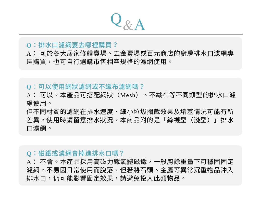 圖片文字：Q&A，排水口濾網要去哪裡購買，可於各大居家修繕賣場、五金賣場或百元商店的廚房排水口濾網專區購買，也可自行選購市售相容規格的濾網使用。可以使用網狀濾網或不織布濾網嗎，可以，本產品可搭配網狀或不織布等不同類型的排水口濾網使用，但不同材質的濾網在排水速度、細小垃圾攔截效果及堵塞情況可能有所差異，使用時請留意排水狀況，本商品附的是絲襪型淺型排水口濾網。磁鐵或濾網會掉進排水口嗎，不會，本產品採用