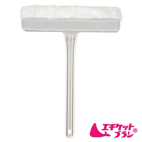 魔淨雙層紗窗刷，白色絨毛與灰色網狀布料結合，搭配淺灰色 T 型手柄，設計簡潔實用。