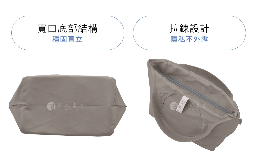 淺灰色輕時尚摺疊保冷可拆托特袋，展示底部結構穩固直立，以及具備拉鍊設計且隱私不外露的內部。