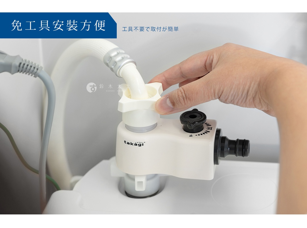 一隻手正在安裝白色Takagi洗衣機分水轉接頭，安裝過程免工具且操作簡單，圖片左上角標註免工具安裝方便與工具不要で取付が簡単的文字說明。