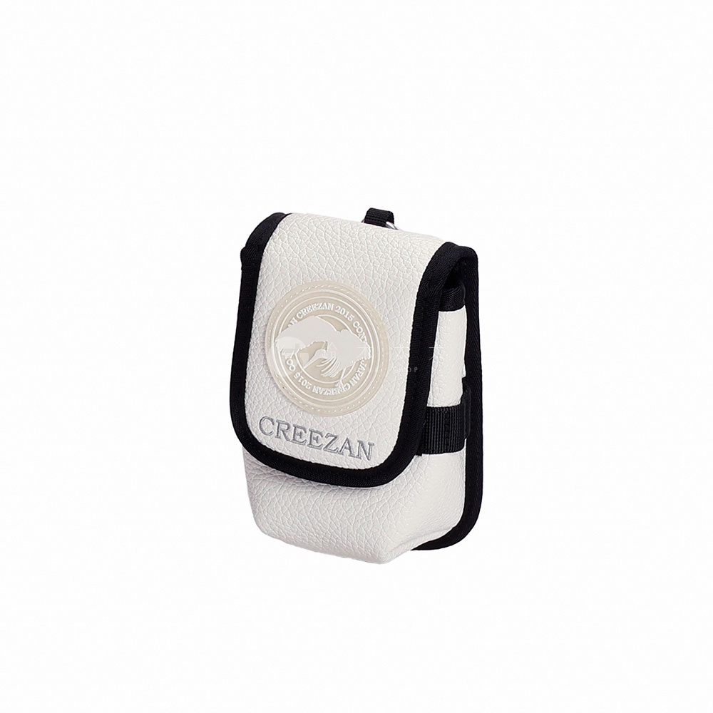白色皮革高爾夫球收納腰包，帶有黑色滾邊，正面有銀色圓形品牌標誌和「CREEZAN」字樣。