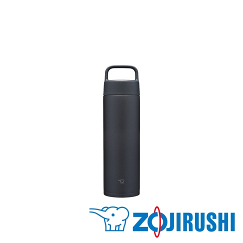 0.6L不鏽鋼真空保溫保冷杯，深灰色，帶有可提式吊環，杯身印有象印Logo。