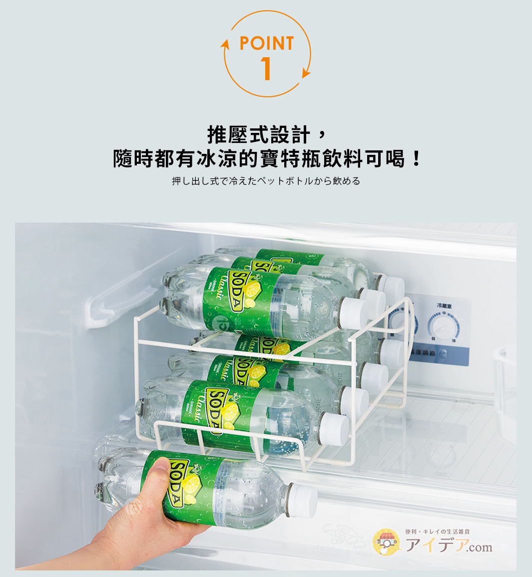 白色金屬製滾動式寶特瓶收納架，架上整齊擺放著多瓶綠色標籤的蘇打飲料寶特瓶，其中一瓶正被手取出。