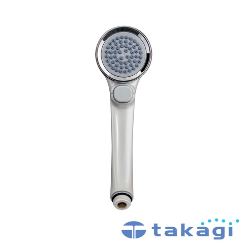 珍珠白色的 Air beat 拍打按摩蓮蓬頭，具有圓形銀色邊框的灰色出水盤，下方有灰色按鈕，整體為光滑的塑膠材質。