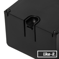 黑色小屋形衛生紙盒，頂部有一圓形開口，兩側有長條形切口，材質為塑膠。