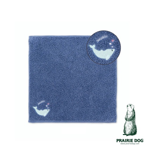 Zootto 今治精梳棉方巾，藍色，繡有淺藍色海豚及氣泡圖案。