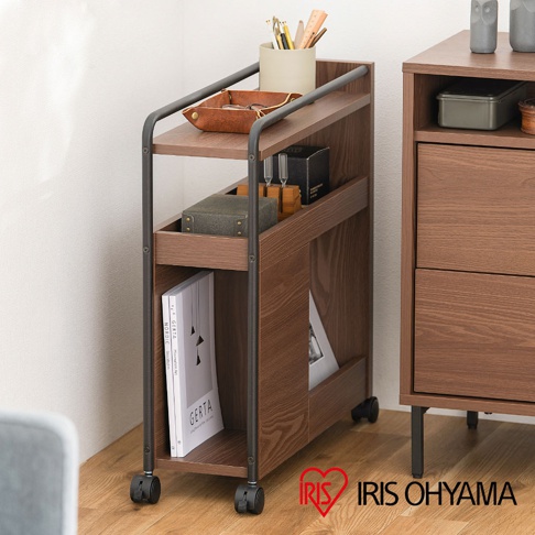 多功能收納推車 DWG-196，深棕色木紋材質，搭配深灰色金屬支架與輪子，設有兩層開放式層架，可擺放書籍、文具及收納盒。