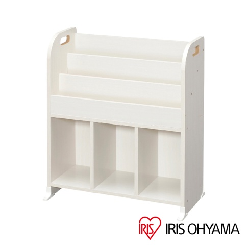 童心繪本架 ER-6030，白色木質材質，擁有三層傾斜式書架，下方有四個獨立的收納隔間，側面有圓形提把，適合兒童使用。