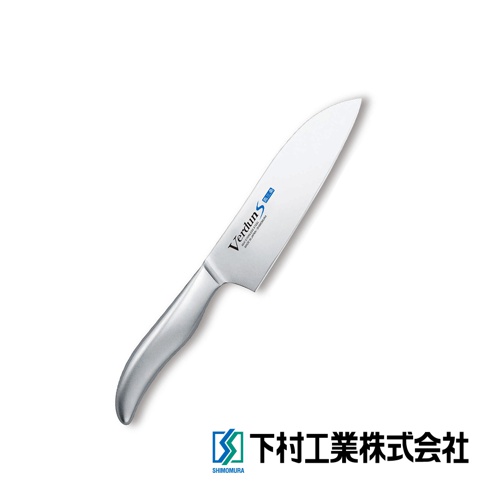 VERDUN S 不鏽鋼三德刀，刀身銀色，手柄為弧形設計，材質為不鏽鋼，刀身上印有品牌名稱及規格。