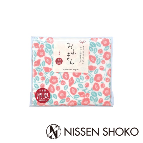 日系美學抑菌防臭棉紗廚房拭巾，白色為底，印有粉紅色花朵和綠色葉子的圖案。拭巾包裝上印有日文和英文標示。