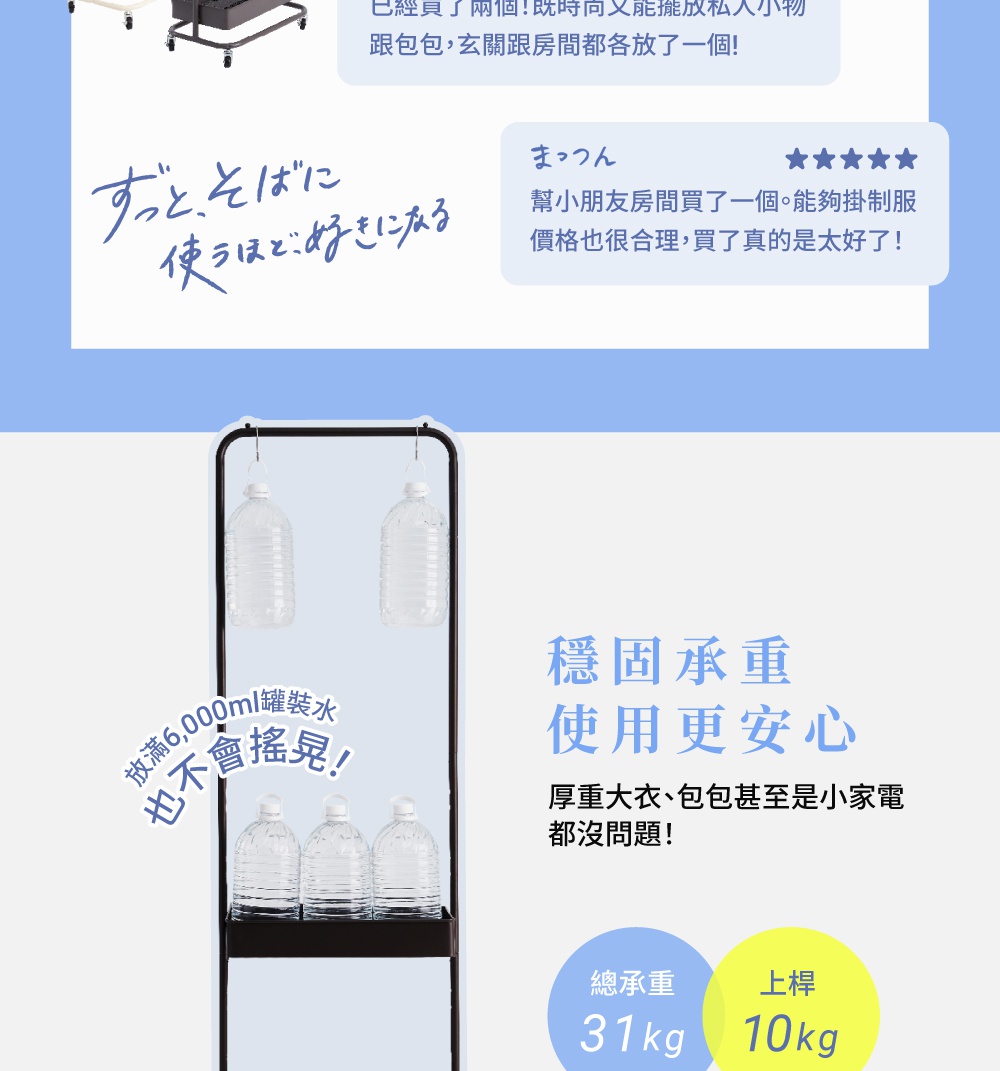 圖片文字：已經買了兩個！既時尚又能擺放私人小物，包包、玄關跟房間都各放了一個！まつつん幫小朋友房間買了一個，能夠掛制服，價格也很合理，買了真的是太好了！穩固承重使用更安心，厚重大衣、包包甚至是小家電都沒問題！放滿6,000ml罐裝水也不會搖晃！總承重31kg，上桿10kg。