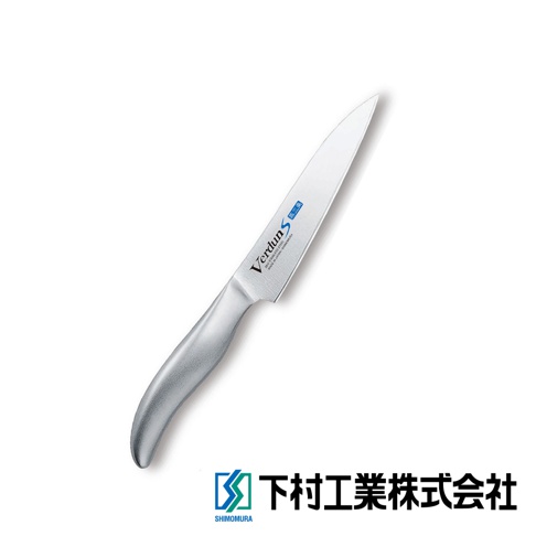 VERDUN S 不鏽鋼水果刀，刀刃為銀色不鏽鋼材質，手柄為銀色，帶有品牌標誌「Verdun S」及「SHIMOMURA」。