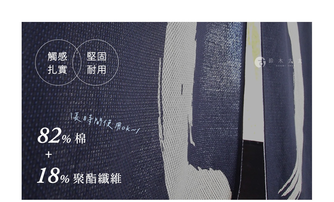 Nextyle 侘寂圓相和風門簾特寫，深藍色布料呈現細緻的紡織紋理，印有日式圓相圖案。圖片標註材質為 82% 棉與 18% 聚酯纖維，強調觸感扎實、堅固耐用且適合長時間使用，展現道地日式和風居家氛圍。