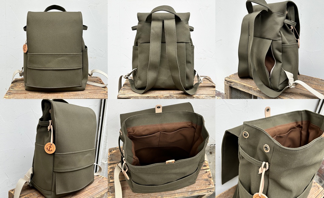 loiter高島帆布前蓋式背包，軍綠色，帆布材質。設計有前袋、側袋，內部有多個隔層。可作為後背包或側背包使用，附有可拆卸的皮革吊飾。