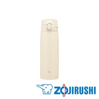 米白色不鏽鋼一體式中栓彈蓋式真空保溫保冷杯，杯身光滑，頂部有彈蓋設計，方便飲用，底部印有象印品牌標誌。