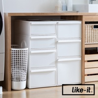 like-it 品牌標誌在白色抽屜式收納箱旁。