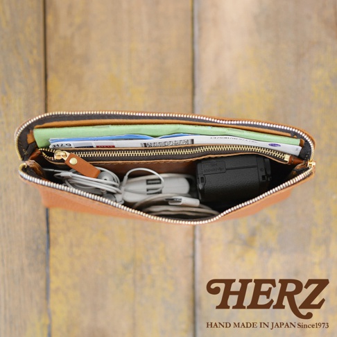 一個棕褐色皮革製的雙拉鍊收納袋，內部裝有文件、耳機、充電線和一台小型相機。