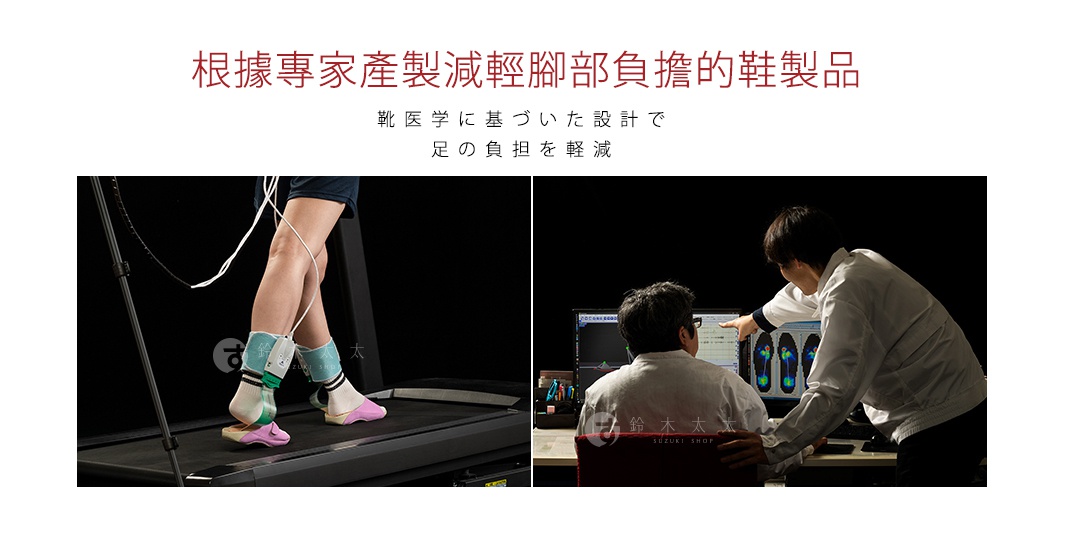 圖片文字：根據專家產製減輕腳部負擔的鞋製品，靴医学に基づいた設計で足の負担を軽減。圖片左側顯示一人在跑步機上穿著特殊測量裝置進行步行測試，右側則有兩名專業人員在電腦螢幕前分析步態數據與足底壓力分佈圖。