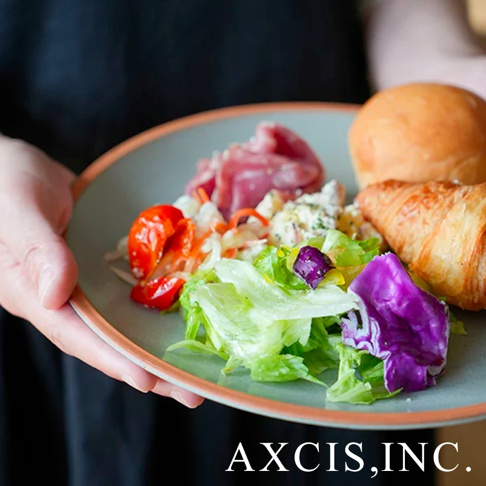 PURE 素燒百搭陶瓷主菜盤，灰綠色盤面搭配橘色盤緣，盤中盛有沙拉、火腿、麵包和可頌。