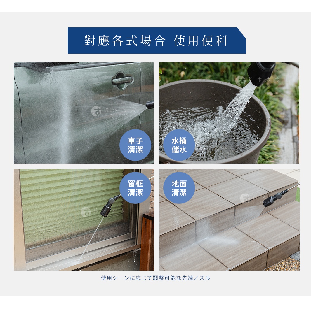 takagi 旋噴頭-G1135BK 廣告圖，展示了四種使用情境：汽車清潔、水桶儲水、窗框清潔與地面清潔，並標示了對應情境的文字說明。